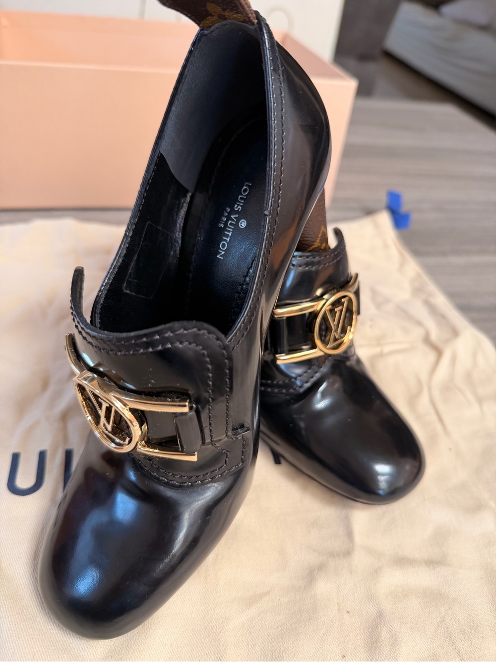 Louis Vuitton Black Patent Leather Heeled Loafers with Gold LV Hardware - Picture 2 of 14